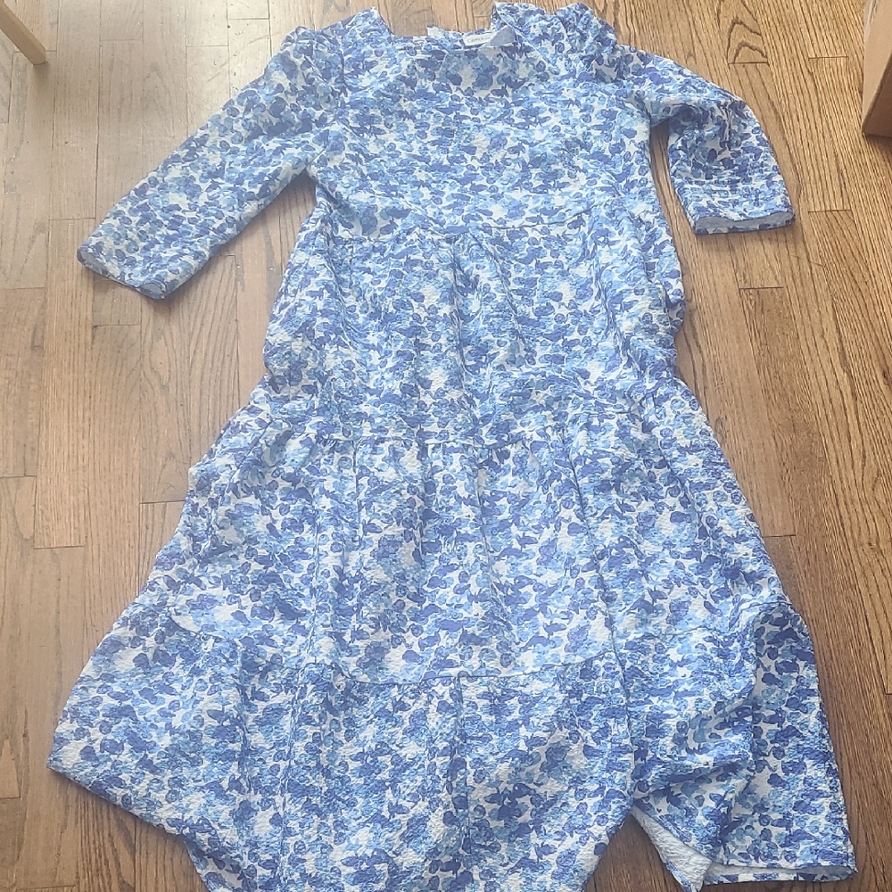 Cameleon Blue and White Tiered Sundress with 3/4 Sleeves